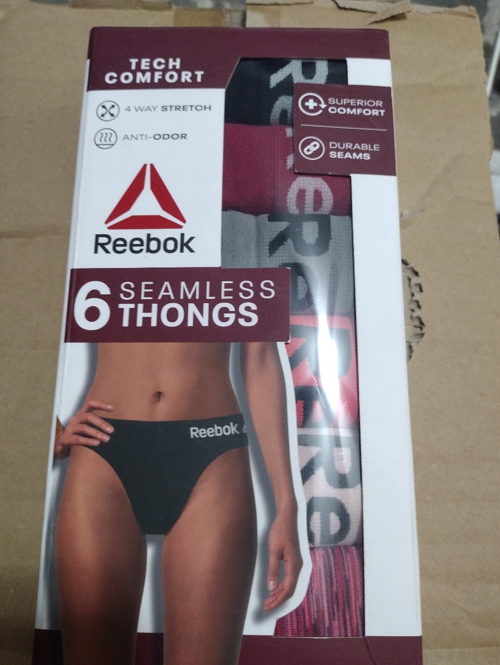 NEW Reebok Seamless Thong 6-Pack in Black, Gray and Burgundy